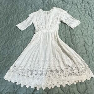 XS Antique Victorian Petticoat Underdress Slip Edwardian Lace White Short Sleeve